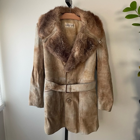 70s Vintage Robert Chernin Shearling Sheepskin Belted Coat Mens Size 42 - Picture 1 of 16